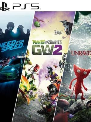 3 JUEGOS EN 1 Need for Speed + Plants vs. Zombies Garden Warfare 2 + Unravel PS5